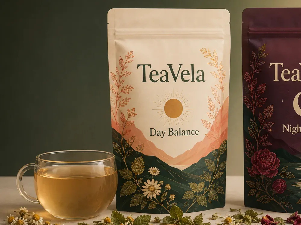 Cream TeaVela Day Balance pouch beside a golden cup of brewed green tea