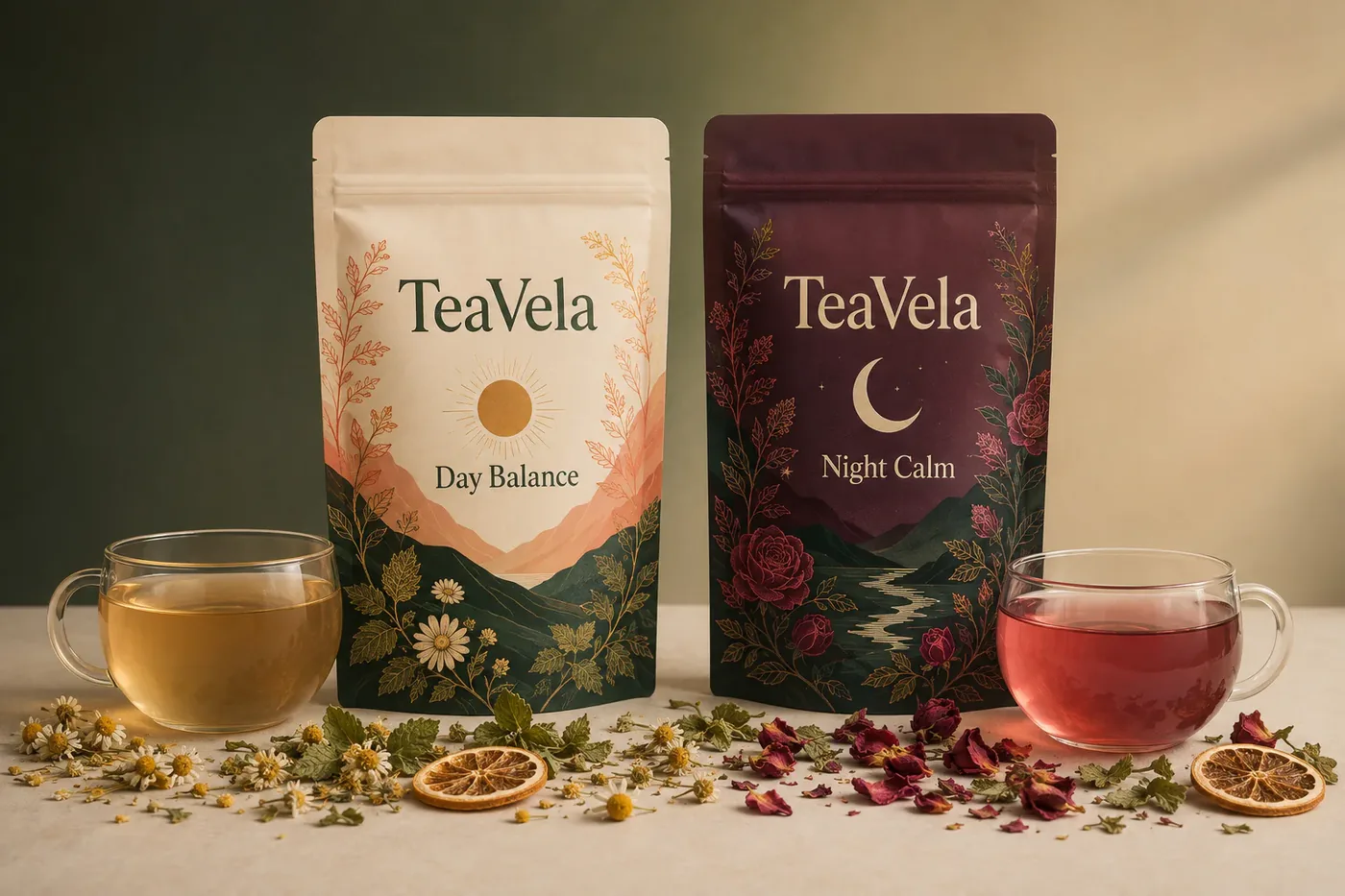 Both TeaVela pouches side by side, cream Day Balance and burgundy Night Calm, with a brewed cup on either side