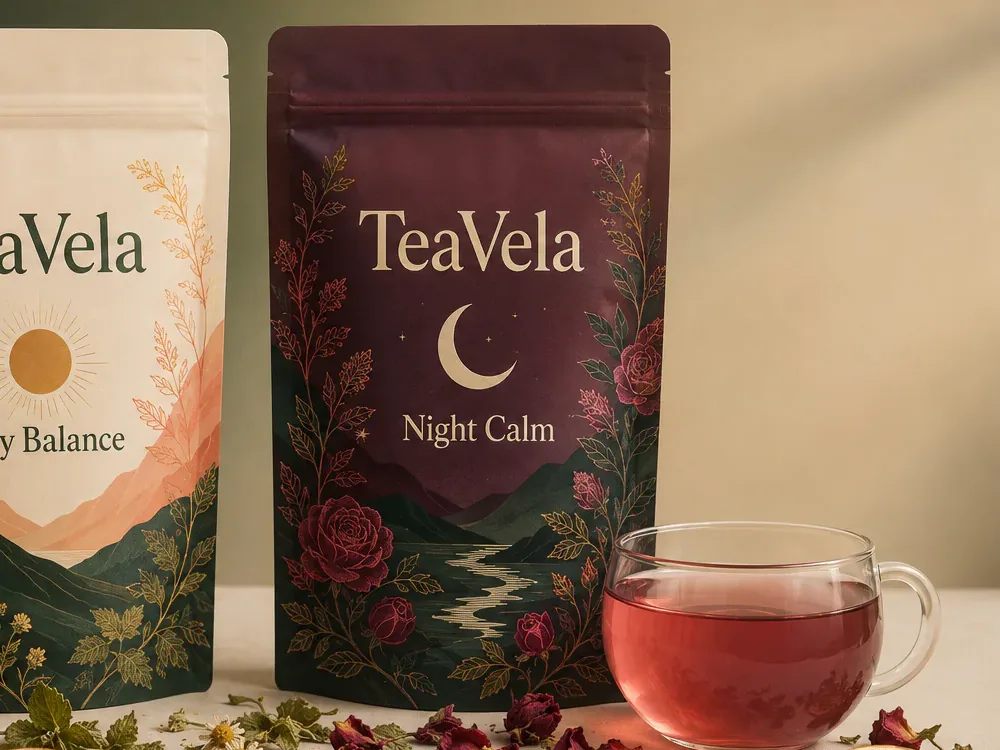 Burgundy TeaVela Night Calm pouch beside a rose colored cup of brewed herbal tea