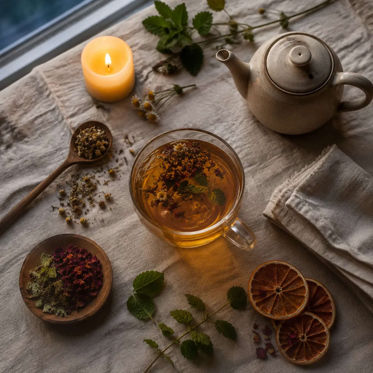 Serving table with a stoneware teapot, a lit candle, a full cup and dried plants scattered around it