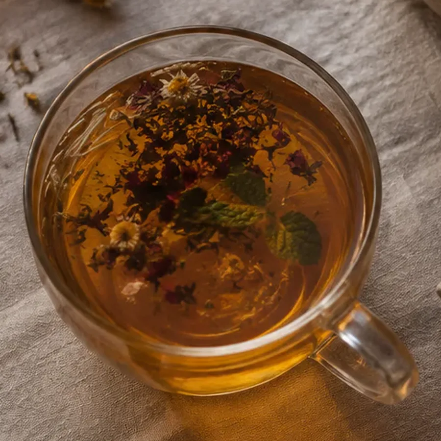 Glass cup of TeaVela with chamomile flowers and mint leaves floating at the surface